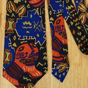 100% Silk Mens Tie RM STYLE Carved Lions Pattern 1993 Ralph Marlin Blue & Gold